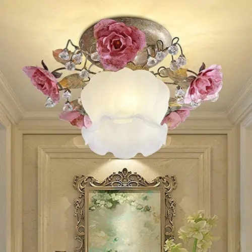 Tochange Romantic Rose Crystal Ceiling Light Lamp Pastoral Rustic Floral Flush Mount Ceiling Lamp for Living Room Bedroom Dining Room Ceiling Light Lighting Fixture,110-240V,E27