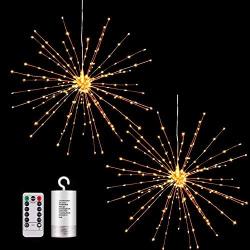 2 Pack Hanging Decor Lights,200 Led Battery Powered Fairy Lights, Fireworks Light with Remote, Waterproof Starburst Lights for Gardens Courtyards Christmas Festive Wedding Parties (2 Pack Warm White)