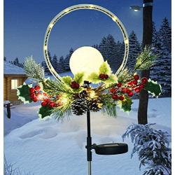 Doingart Outdoor Solar Christmas Light, LED Ball Decorative Christmas Light with Faux Pine Cones, Foliage Accents Garden Decor Stakes