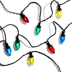 LampLust C7 LED Christmas Lights, Multicolor - 50 Count, 29 Feet, Battery Powered, Waterproof Outdoor Decoration, Timer Feature, Vintage Style Bulbs, Multi Colored with Green Wire, Batteries Included