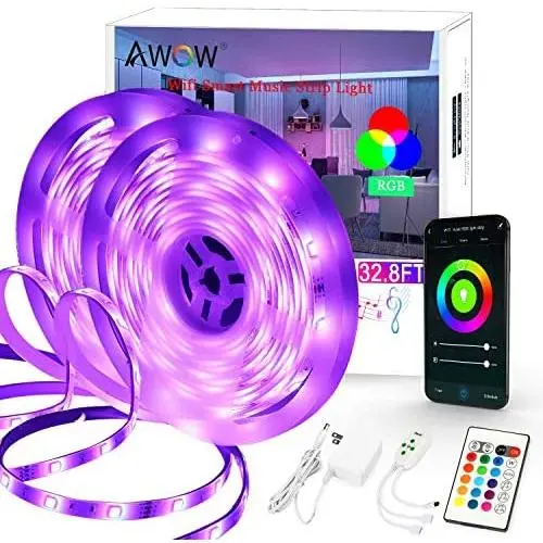 32.8Ft WiFi LED Strip Lights Music Sync Color Changing RGB LED Strip 24-Key Remote, Sensitive Built-in Mic, App Controlled LED Lights Rope Lights, Compatible with Alexa, Google Assistant