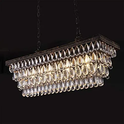 Wellmet Dining Room Crystal Chandelier,30 inch Antique Bronze Rectangle Crystal Ceiling Light,4 Lights Farmhouse Kitchen Island Lighting,Adjustable Hanging Light Fixtures