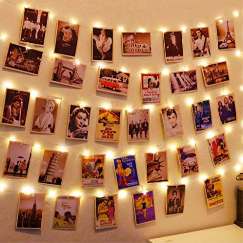 HXWEIYE 120LEDs Photo Clips String Light, Warm White, 40Ft Fairy Light with 52 Clear Clips & 10 Hooks on Wall, Timer & 8 Modes USB Powered Copper Wire String Light for Hanging Picture, Bedroom Party