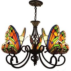 CraftThink Pendant Lighting LED Chandelier Light Antique Tiffany Style Stained Glass with Butterfly Shaped Lamp Shade Hanging Light for Dining Living Cafe Room Restaurant - TYP A-Butterfly -5 Lights