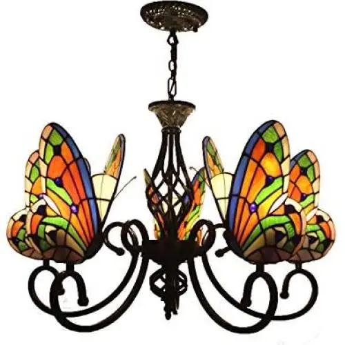 CraftThink Pendant Lighting LED Chandelier Light Antique Tiffany Style Stained Glass with Butterfly Shaped Lamp Shade Hanging Light for Dining Living Cafe Room Restaurant - TYP A-Butterfly -5 Lights