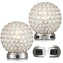 Crystal Ball Table Lamp Set of 2 with USB Charging Port,Decorative Nightstand Room Lamps, Bedside Night Light Lamp, Fashionable Large Table Lamp for Bedroom, Living Room,Office,Dresser,Dining Room