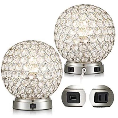 Crystal Ball Table Lamp Set of 2 with USB Charging Port,Decorative Nightstand Room Lamps, Bedside Night Light Lamp, Fashionable Large Table Lamp for Bedroom, Living Room,Office,Dresser,Dining Room