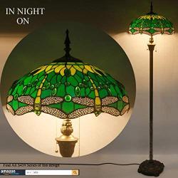 Tiffany Style Floor Standing Lamp W16H64 Inch Tall Green Stained Glass Crystal Bead Dragonfly Shade 2E26 Antique Reading Lighting Resin Base S459 WERFACTORY LAMPS Living Room Bedroom Table Lover Gifts