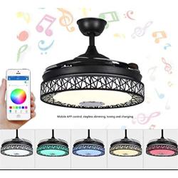 MoreChange 42 Inch Modern Bluetooth Ceiling Fan with Light and Remote, Multi-function Retractable Chandelier Fans Lighting with Music Play and 7 Colorful Dimmable for Living/Dining Room (Black Nest)