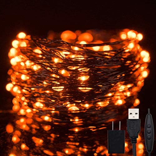 Twinkle Star 200 LED 66ft Halloween Fairy String Lights USB & Adapter Powered, Dimmable Control Starry Black Wire Lights Home Lighting Indoor Outdoor Bedroom Wedding Christmas Party Decoration, Orange