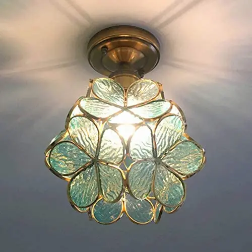 LITFAD 1 Light Floral Flush Mount Ceiling Light Creative Glass Ceiling Lamp Art Deco LED Chandelier Pendant Light for Hallway Balcony Bedroom Dining Room - Green