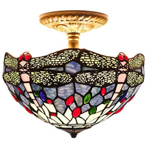 Tiffany Ceiling Fixture Lamp W12H11 Inch Semi Flush Mount Light Stained Blue Dragonfly Shade Antique Style WERFACTORY S004 Series Art Lamps Kitchen Island Bar Hallway Living Room Dining Room Loft