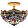 Tiffany Ceiling Fixture Lamp W12H11 Inch Semi Flush Mount Light Stained Blue Dragonfly Shade Antique Style WERFACTORY S004 Series Art Lamps Kitchen Island Bar Hallway Living Room Dining Room Loft