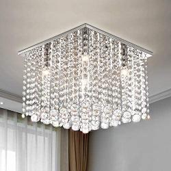 Modern K9 Crystal Raindrop Chandelier Lighting 5 Lights Flush Mount LED Ceiling Light Fixture, L13.7''x W13.7''x H11''Pendant Lamp for Dining Room,Living Room,Hallway.