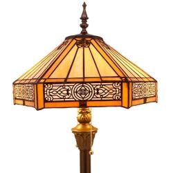 Tiffany Floor Lamp W16H64 Inch Yellow Stained Glass Hexagon Mission Style Shade Antique Standing Read Lighting Resin Base 2E26 S011 WERFACTORY LAMPS Lover Gift Bedroom Living Room Bedside Coffee Table