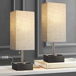 BOBOMOMO USB Table Lamp Set of 2 Bedside Lamps 15.5 with 2 USB Charging Ports & 2 Power Outlet Nightstand Lamp for Bedroom Living Room Study Room (Black&Linen)