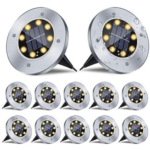 12 Pack Solar Ground Lights, LED Disk Lights Outdoor Waterproof Warm White Inground Landscape Lights for Patios Lawns Deck Gardens Pathways