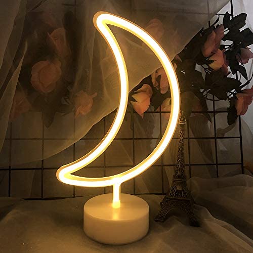 LED Warm White Moon Shape Led Neon Sign Kids Night Light with Base Marquee Signs Light Battery USB Operated Marquee Signs for Home Party Birthday Children Gifts Bedroom Bedside Table Light Lamp