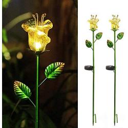 Joyathome Flower Solar Stake Lights Outdoor,2 Pack Solar Powered Metal Stake with Yellow Glass Lily Flower Decorative Lights, Waterproof Warm White LED Garden Lights for Backyard,Lawn