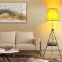 Modern Industrial Flaxen Lampshade Tripod Floor Lamp with Shelves- Modern Mid Century Design Standing Light with Metal Legs - Adjustable Height Reading Light for Living Room Bedside Office