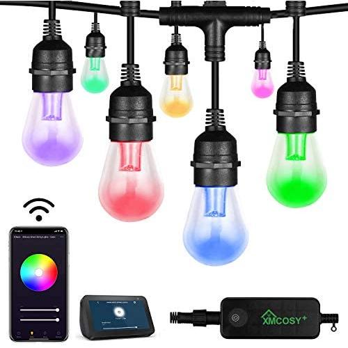 Outdoor String Lights - Patio Lights Color Changing String 15 LED Bulbs, 2.4GHz Wi-Fi App Controlled, Waterproof/Shatterproof 49Ft Extendable Color Wheel & Custom Scene for Christmas Works with Alexa