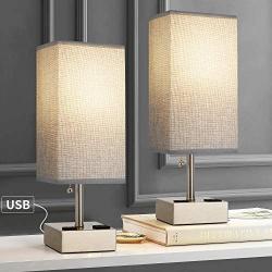 BOBOMOMO USB Table Lamp Set of 2 Bedside Lamps 15.5 with 2 USB Charging Ports & 2 Power Outlet Nightstand Lamps for Bedroom Living Room Study Room (Silver&Gray)