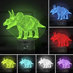 Dinosaur 3D Night Light Table Desk Lamp, Elstey 7 Colors Optical Illusion Touch Control Lights with Acrylic Flat & ABS Base & USB Cable for Christmas Gift