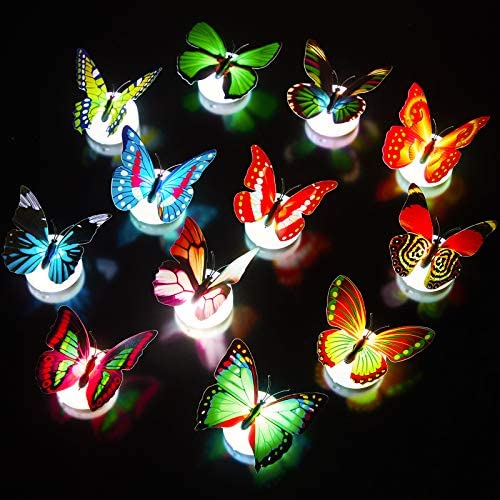 12 Pieces LED Butterfly Decoration Lights Colorful Night Light 3D Butterfly Wall Stickers LED Light for Garden Backyard Lawn Wedding Party Nursery Bedroom Living Room Set with Randomly Different Style