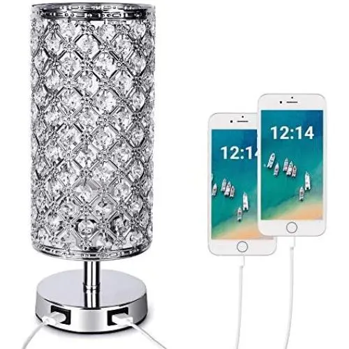 Crystal Touch Table Lamp with 2 Dual Fast USB Charging Ports, FOLUR 3-Way Dimmable Accent Bedside Light with E26 Bulb Included, Nightstand Desk Lamps Night Light for Bedroom, Living Room, Guest Room