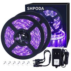 SHPODA 33ft LED Black Light Strip Kit,600 Units,385nm-400nm,12V Flexible Blacklight Fixtures,10M LED Ribbon,Non-Waterproof for Indoor,Birthday,Wedding,Dark Party