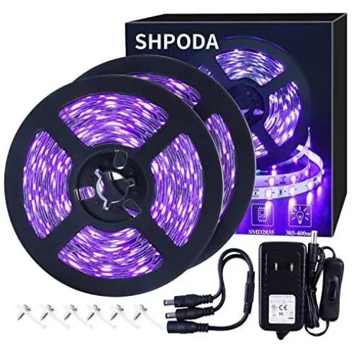 SHPODA 33ft LED Black Light Strip Kit,600 Units,385nm-400nm,12V Flexible Blacklight Fixtures,10M LED Ribbon,Non-Waterproof for Indoor,Birthday,Wedding,Dark Party