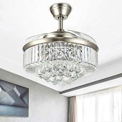 Modern Dimmable Fandelier Crystal Ceiling Fan with Lights and Remote Invisible Retractable Chandelier Fan Light LED Lighting-Polished Chrome 42'' (Crystal2)