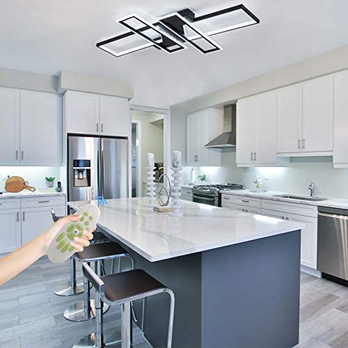 IKK Modern Ceiling Light, LED Chandelier Light Fixture with Dimmable Remote Control, 4 Heads Black Rectangular Shade Modern Light Fixture for Kitchen, Bedroom, Dressing Room, Living Room, Dining Room