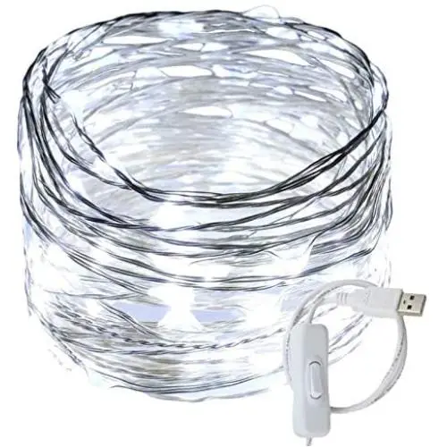RUICHEN USB Fairy Lights 33 Ft 100 LED Twinkle String Lights with ON/Off Switch, Waterproof Silver Wire Christmas Lights for Bedroom Wall Ceiling Wreath Crafts Wedding Party (Cool White) RUICHEN USB Fairy Lights 33 Ft 100 LED Twinkle String Lights with ON/Off Switch, Waterproof Silver Wire Christmas Lights for Bedroom Wall Ceiling Wreath Crafts Wedding Party (Cool White)