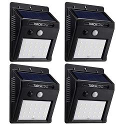 TORCHSTAR Outdoor LED Solar Powered Motion Sensor Light, IP65 Waterproof Wireless Outdoor Wall Lighting for Driveway, Patio, Garage, Porch, 6500K Pure White, Black, Pack of 4
