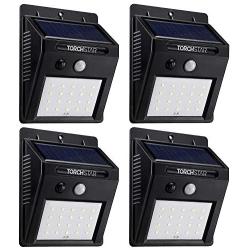 TORCHSTAR Outdoor LED Solar Powered Motion Sensor Light, IP65 Waterproof Wireless Outdoor Wall Lighting for Driveway, Patio, Garage, Porch, 6500K Pure White, Black, Pack of 4