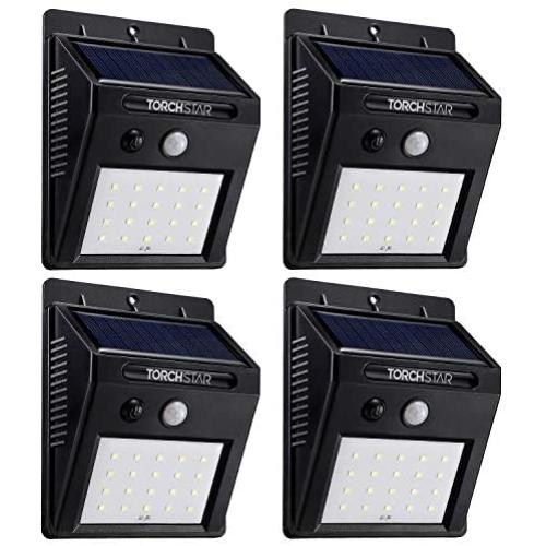 TORCHSTAR Outdoor LED Solar Powered Motion Sensor Light, IP65 Waterproof Wireless Outdoor Wall Lighting for Driveway, Patio, Garage, Porch, 6500K Pure White, Black, Pack of 4
