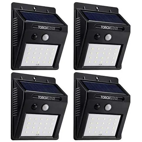 TORCHSTAR Outdoor LED Solar Powered Motion Sensor Light, IP65 Waterproof Wireless Outdoor Wall Lighting for Driveway, Patio, Garage, Porch, 6500K Pure White, Black, Pack of 4