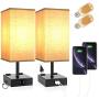 Touch Table Lamps for Bedrooms, Bedside Lamp with USB Port and Outlet, Dicoool Nightstand Lamp 3 Way Dimmable, w/ Fabric Shade and Metal Base for Study Room, Living Room, Set of 2
