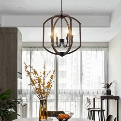 Sunlighting Farmhouse Chandelier, Vintage Pendant Hanging Light for Bedroom, Kitchen, Foyer, Dining & Living Room and Entryway, Black Painted Finish & Faux-Wood