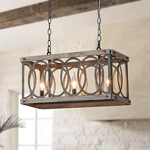 Wood and Metal Chandelier Rectangle 3-Light Adjustable Height Ceiling Pendant Light Dining Room Lighting Fixtures Hanging，Living Room Light ,Kitchen Chandelier UL Listed