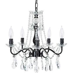 Amalfi Decor 5 Light LED Crystal Beaded Chandelier, Mini Wrought Iron K9 Glass Pendant Light Fixture Contemporary Nursery Kids Room Dimmable Plug in Hanging Ceiling Lamp, Black