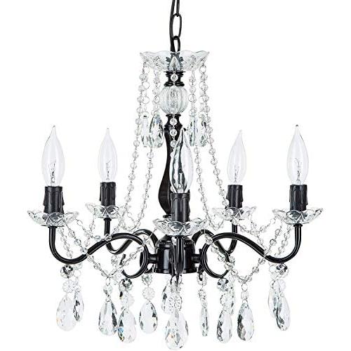 Amalfi Decor 5 Light LED Crystal Beaded Chandelier, Mini Wrought Iron K9 Glass Pendant Light Fixture Contemporary Nursery Kids Room Dimmable Plug in Hanging Ceiling Lamp, Black