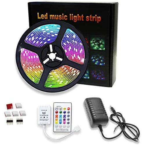 12V 300 LEDs 16.4FT Waterproof Music Sync Color Changing RGB Led Strip Lights for Bedroom Home DIY Holidays Decoration Kits with Wireless Remote