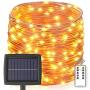 Solar String Lights Outdoor, 60 ft 200 LEDs Fairy Lights Powered by Solar and Battery, IP67 Waterproof 8 Modes RF Remote Rope Lights with 3.6V/2000mA Solar Lights for Patio Decor(Warm White)