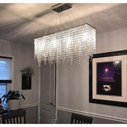 Moooni Rectangular Crystal Chandelier Modern Rectangle Linear Chandeliers Raindrop Island Lighting Fixture for Dining Room Kitchen L31.5'' x W8'' 7 Lights