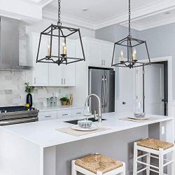 LALUZ 3-Light Lantern Chandelier Light Fixture in Black and Gold Finish, Modern Industrial Lantern Square Cage Pendant Light for Kitchen Island Foyer Entryway Bedroom