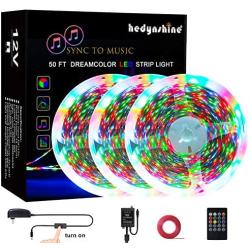 50FEET LED Music Strip Lights Dream Color, Hedynshine Color Changing 810pcs Superbright RGB Strip Lights,20 Key IR Remote Control, Rainbow Led Strip Lights