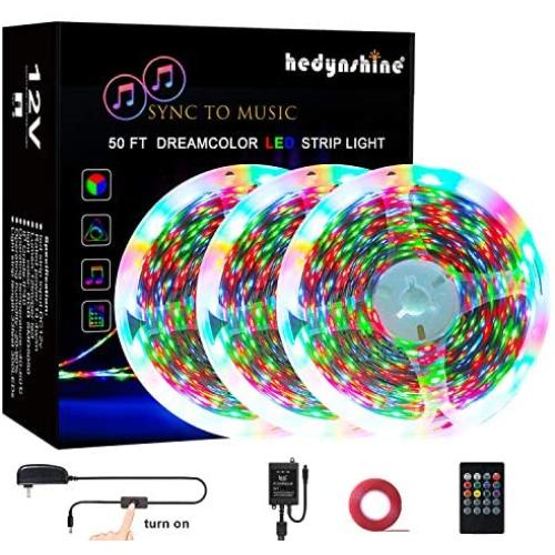 50FEET LED Music Strip Lights Dream Color, Hedynshine Color Changing 810pcs Superbright RGB Strip Lights,20 Key IR Remote Control, Rainbow Led Strip Lights