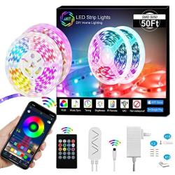 Led Strip Lights 50ft Music Sync Rope Lights 5050 RGB LED Strip 450 LED Color Changing Tape Lights with Remote & Power Supply & Sensitive MIC, App Control Christmas Lights for Bedroom/Kitchen/TV/Party